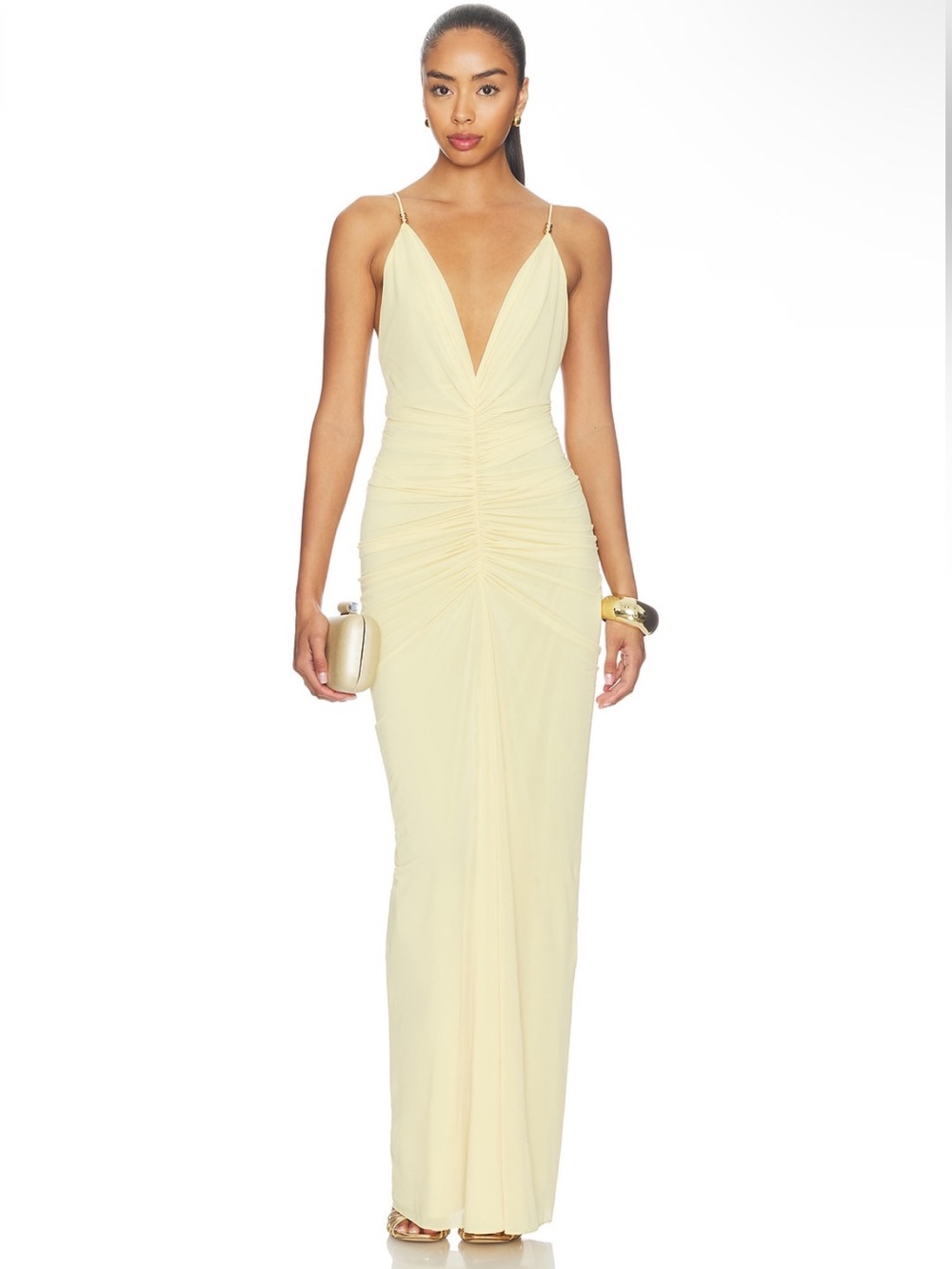 Ronny Kobo Anya Ruched Maxi Dress in Banana Butter Yellow Size Medium Revolve